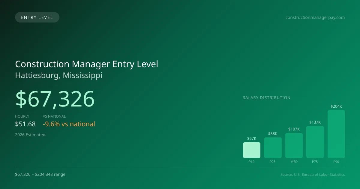 Construction Manager Entry Level Salary in Hattiesburg, MS — 2026 est., based on 2025 BLS